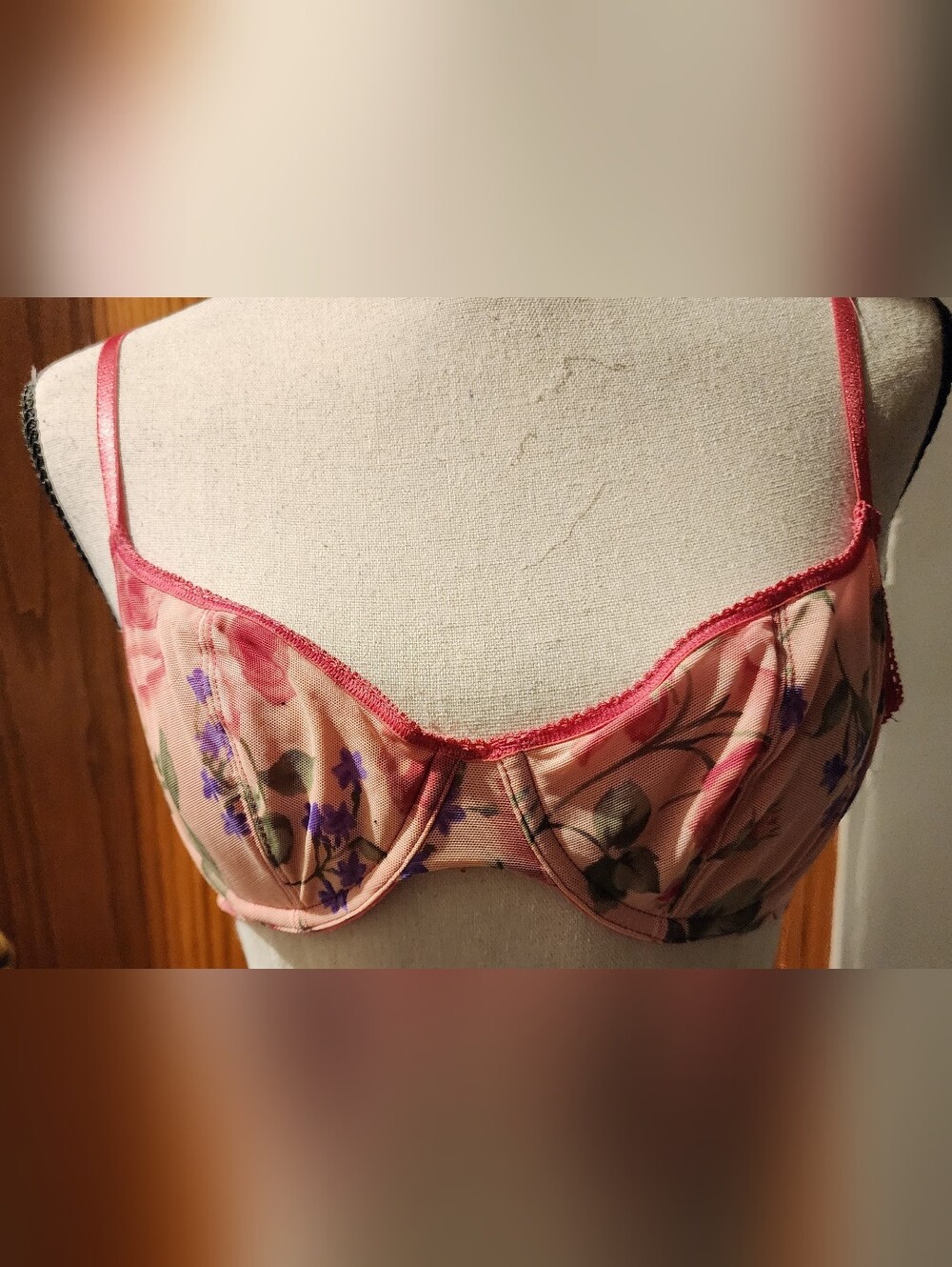 Vintage Victoria's Secret Pink Floral Underwire Bra with Purple Accents 34B